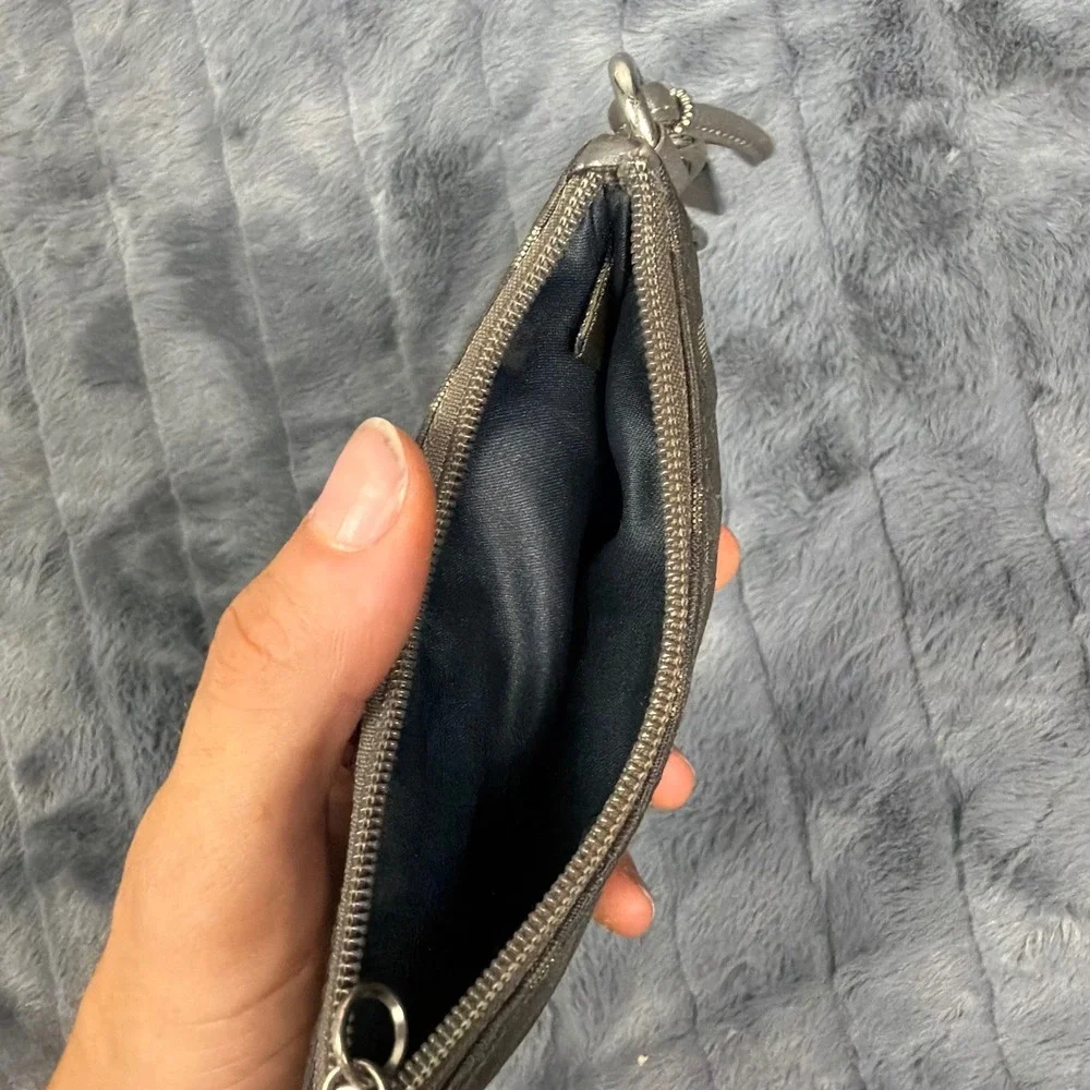 Coach Metallic Grey Optic Signature Jacquard Leather Trim Wristlet Pouch 6996